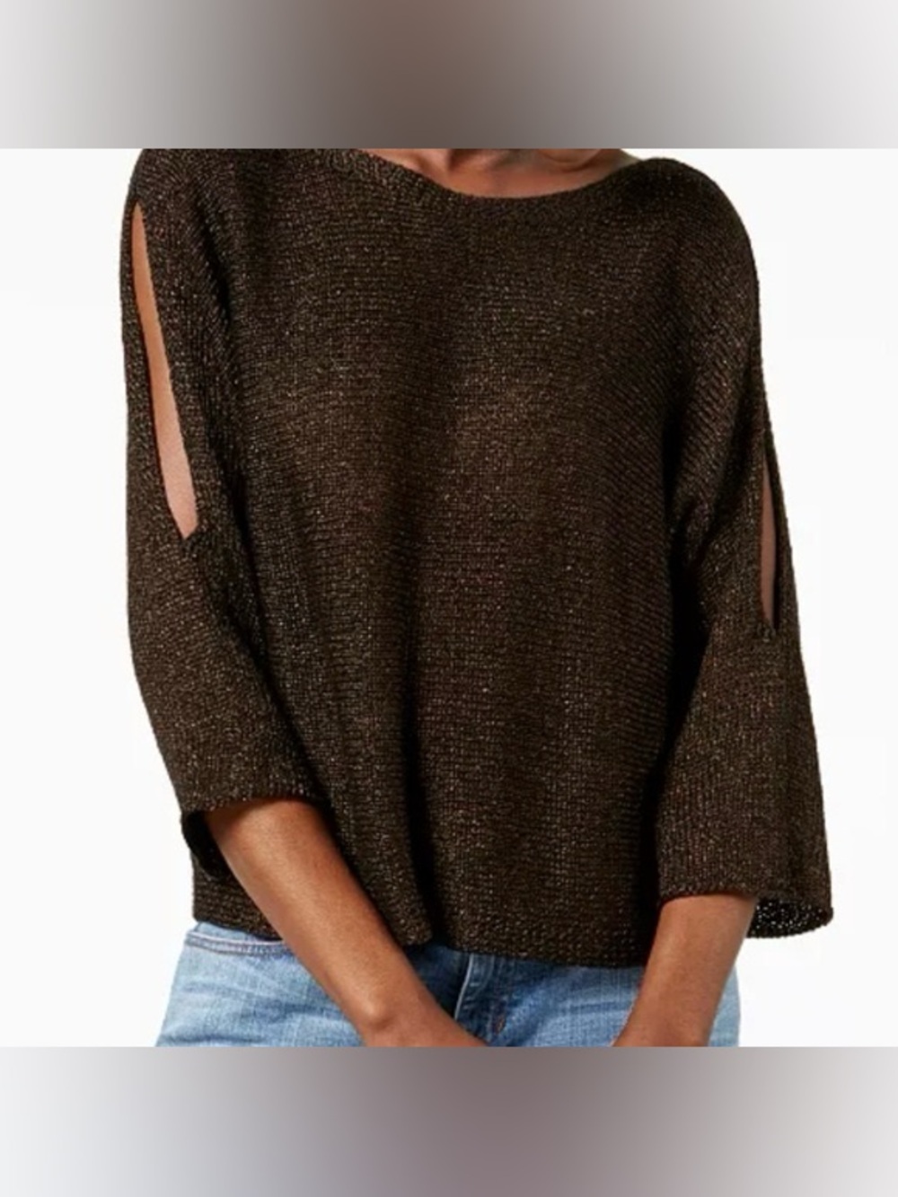 Eileen Fisher Organic Linen Blend Metallic Brown Open-Slit Sleeve Sweater